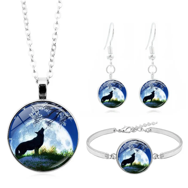 

New Products Accessories Lone Wolf Howling Month Time Stone Necklace Set Silver Bracelets Ear Stud Jewelry Set