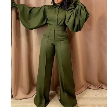 Autumn New Jumpsuits for Ladies Full Lantern Sleeve High Waisted Turn Down Collar Fashion Elegant Long Rompers & Jumpsuits Hot 1