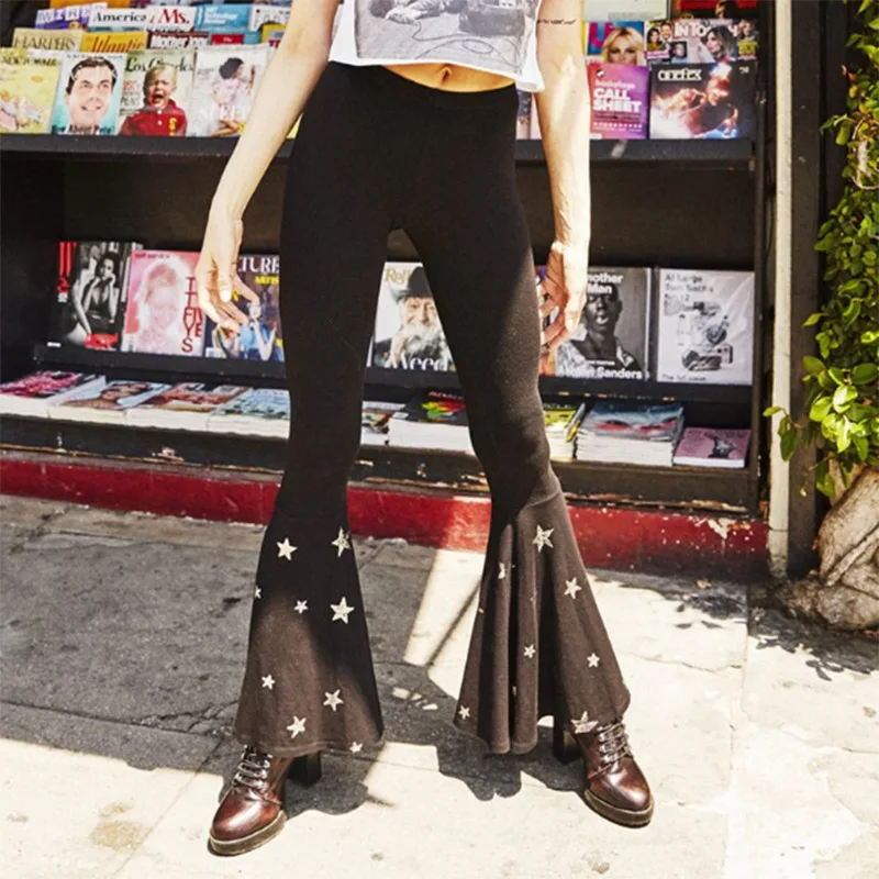 

Women High Waist Flares Pants Boho Skinny Star Wide Leg Long Pants Hippy Female Flare Trousers