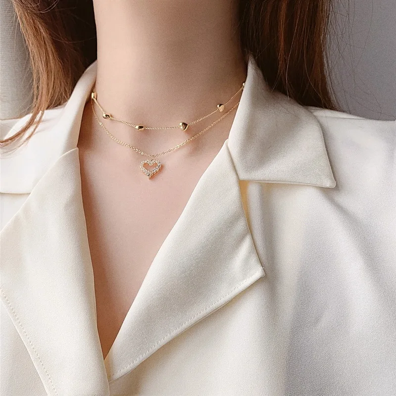 

2020 New Double layer Chain Heart Choker Necklace For Women Gold Chain Korean Style Collar Female Chocker Fashion Jewelry