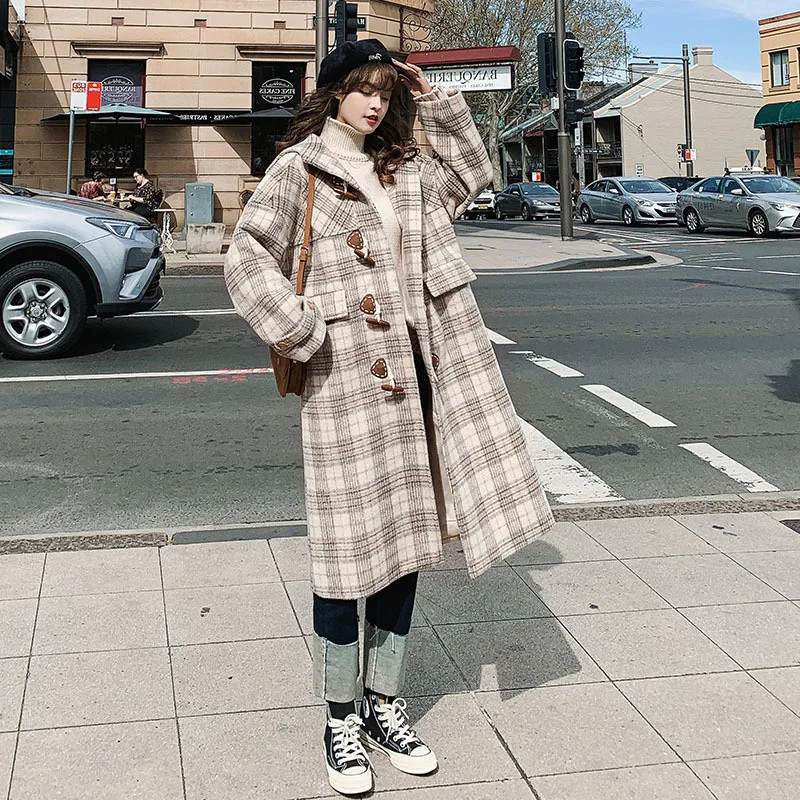 

Photo Shoot 2019 Winter New Style Korean-style Loose-Fit Hooded Mid-length Toggle Plaid Wool Duffle Coat Coat Women's