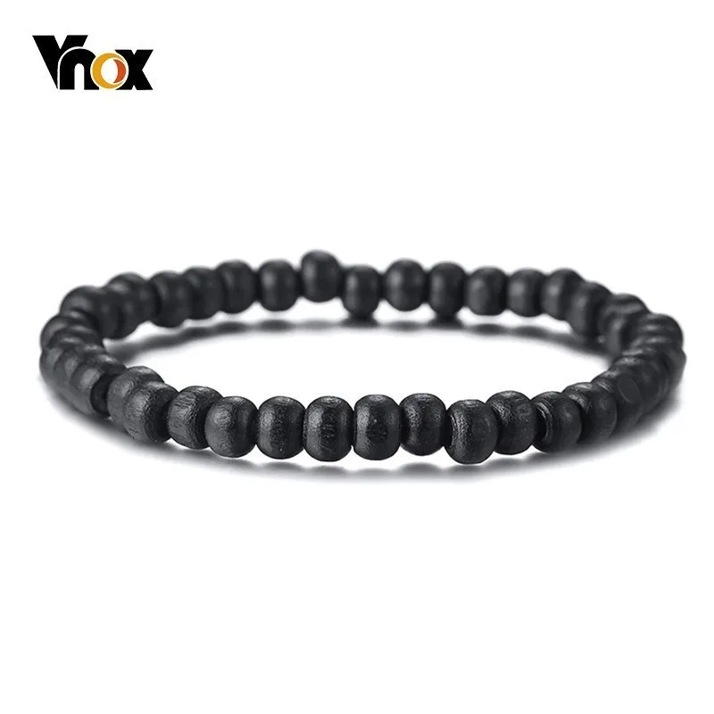 Vnox, классический черный браслет из деревянных бусин для женщин и мужчин, винтажный Деревянный аксессуар, регулируемый эластичный Канатный браслет, тянущаяся цепочка Pulseira