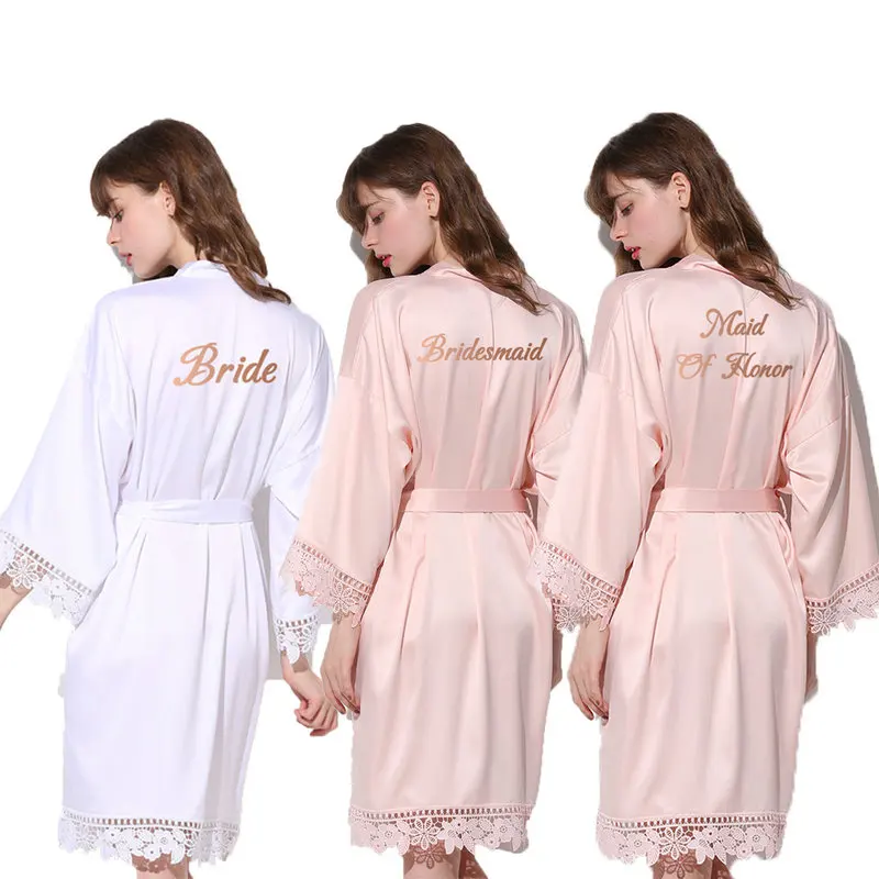 

YUXINBRIDAL 2019 New Blush Bride Bridesmaid Robe Silky Matt Satin Lace Bridal Robes Wedding Gift Bathrobe Kimono Sleepwear