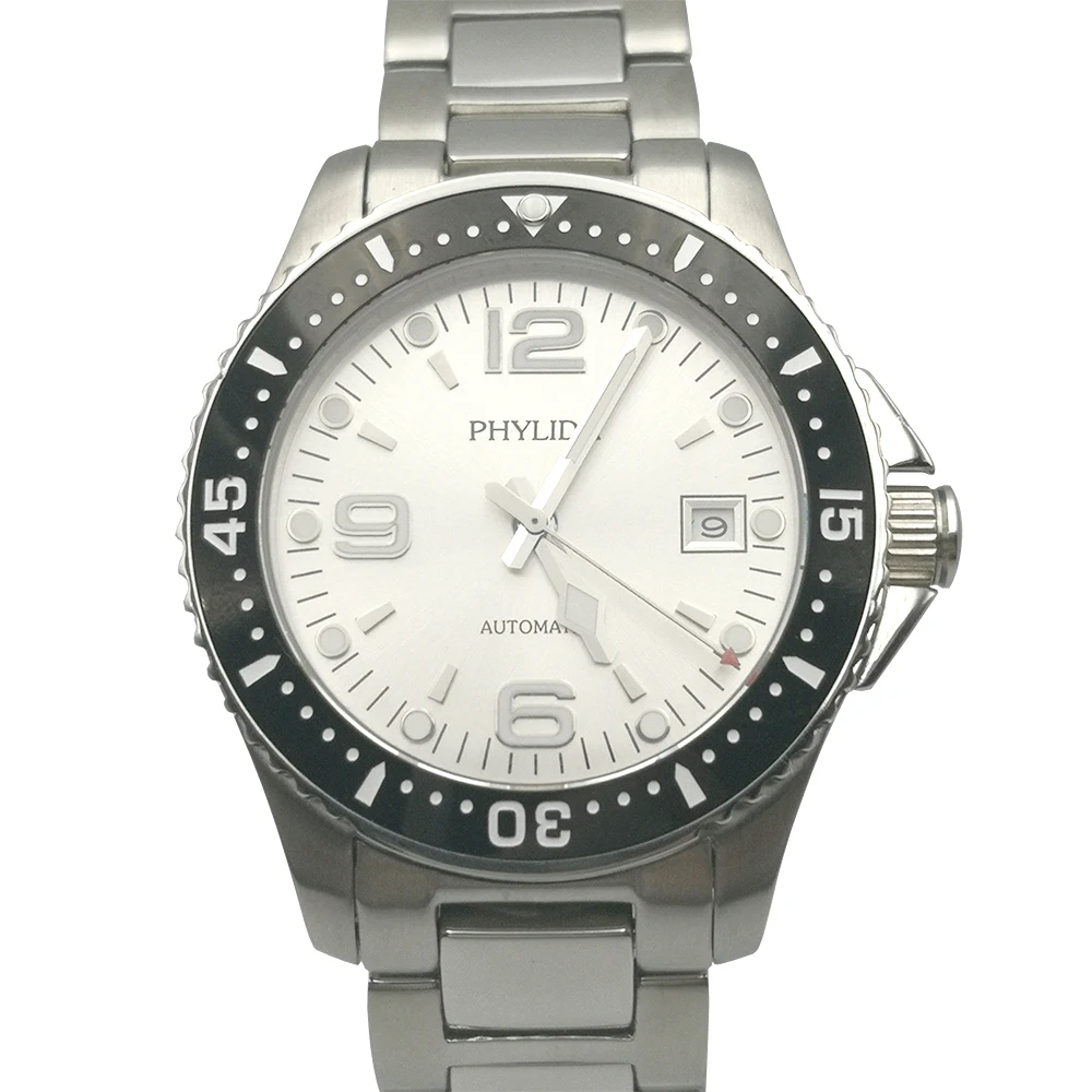 

40mm Men's Watch Silvery Dial With Date Stable Automatic Movement Wristwatch Black Ceramic Bezel Insert