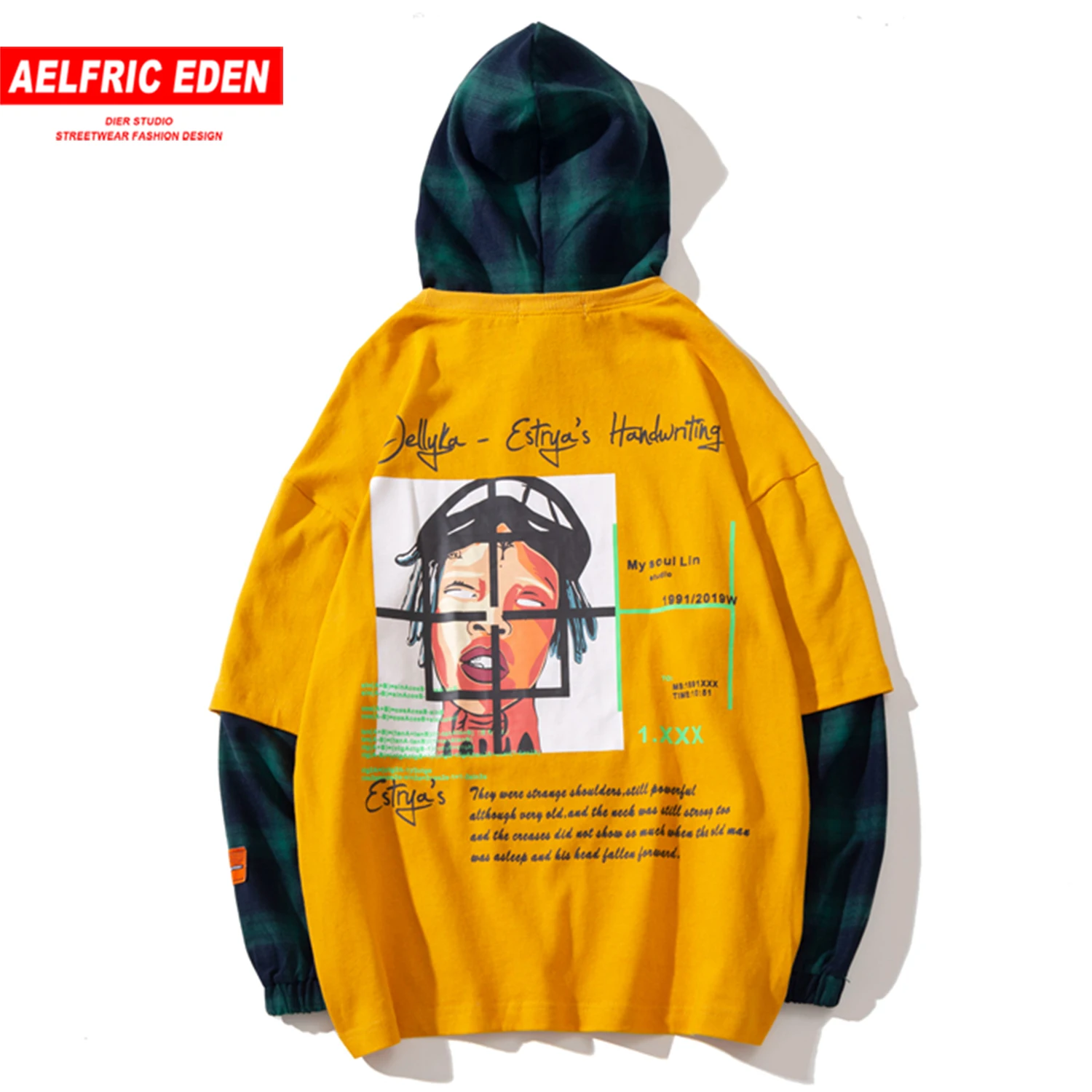 Aelfric Eden хип хоп плед письмо печатные толстовки с капюшоном мужские Harajuku повседневные Лоскутные пуловеры модные уличные толстовки