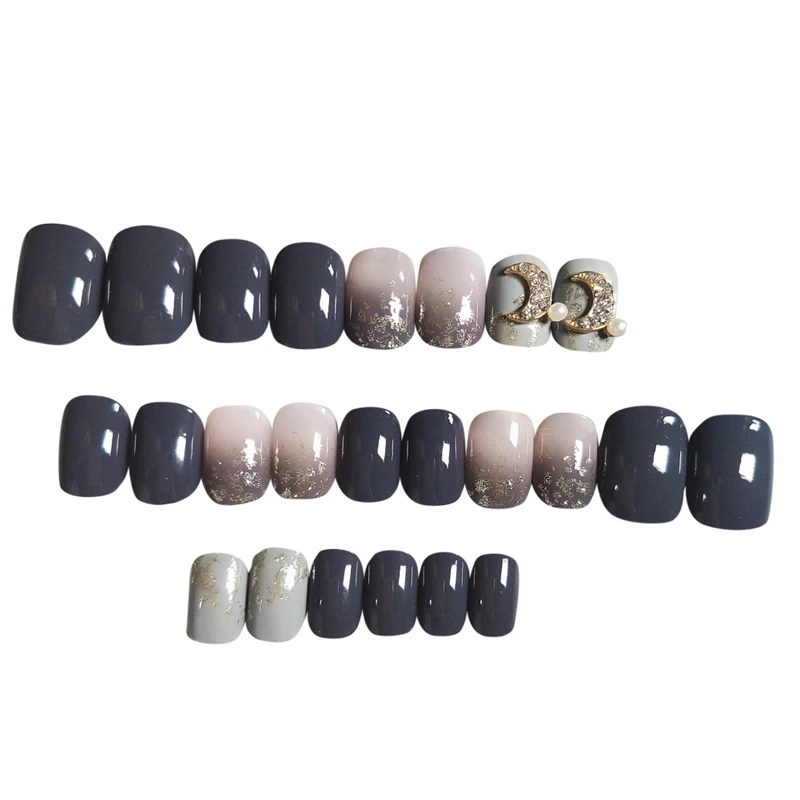 24pcs Pearl Moon Fake Nails Short Round Head False Nail Removable Artificial Fake Nails Beauty Sticker Accessories SC54