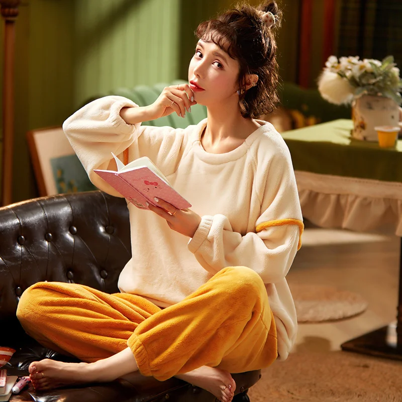 

Homewear Long Pant Cloth Warm Winter Women's Pajamas Set Flannel Night Suits Sleepwear Coral Fleece Nightwear Thickened Pyjamas