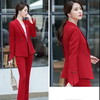 

2020 Winter Professional Pant Suits For Women Blazer Set Office Lady Double Breasted Notched Business Work Wear For Ladies Red