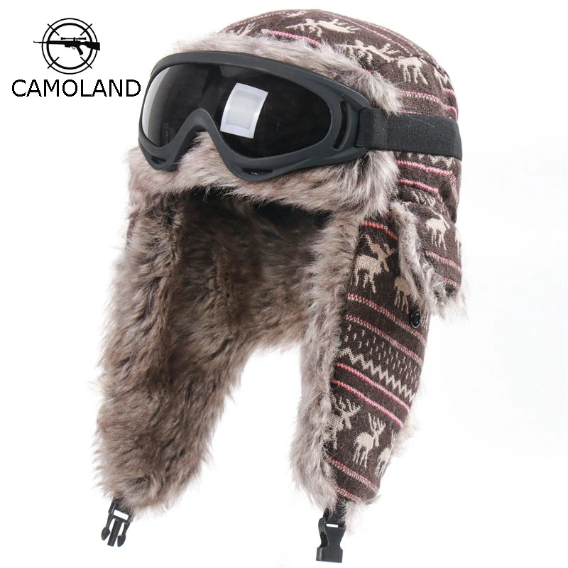mens mad bomber hat CAMOLAND Warm Winter Hats For Women Men Cartoon Bomber Hats Faux Fur Earflap Caps With Goggles Male Russia Snow Skiing Caps leather bomber cap