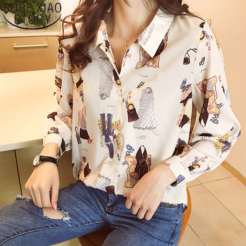 

Womens tops and blouses 2019 long sleeve button printing ladies tops blouse shirts for women V-Neck OL korean tops 6887 50