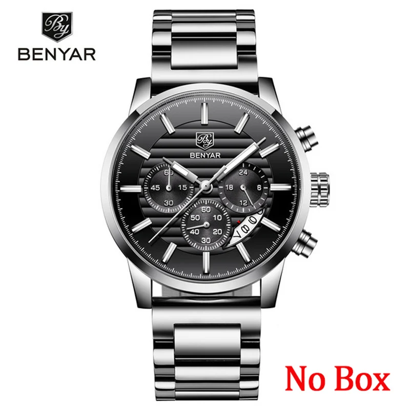 Black No Box BENYAR Топ бренд Роскошные мужские часы Повседневная мода Хронограф Спортивные военные кварцевые наручные часы Relogio Masculino - Цвет: Black No Box