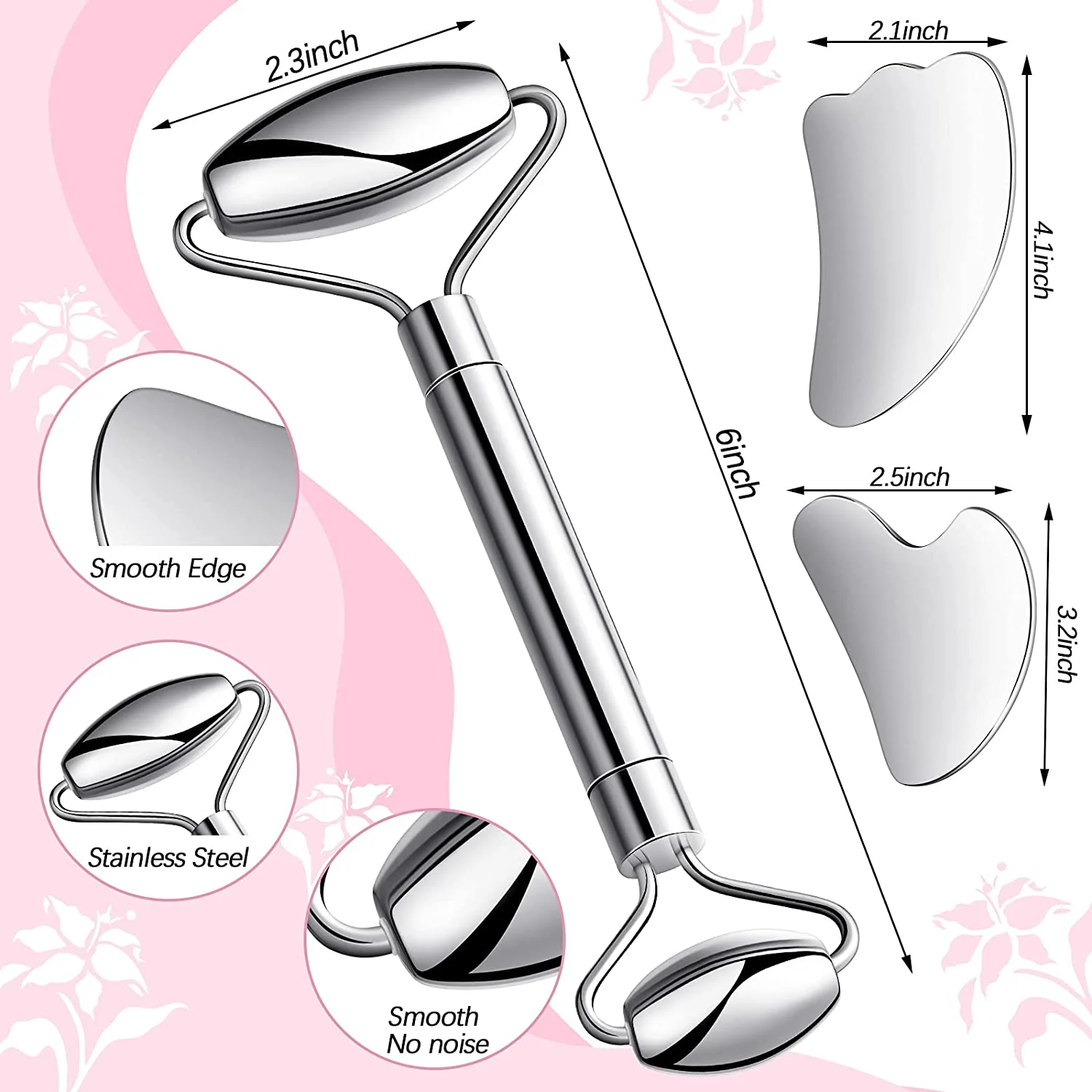 3 IN 1 Stainless Steel Facial Roller Gua Sha Scraping Massage Tool Set For Face Eye Neck Body Anti-Ageing Skin SPA Care Tools