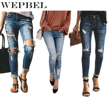 

WEPBEL Jeans Women Hole Washed Denim Pencil Pants High Waist Jeans Elasticity Trousers Fashion Streetwear