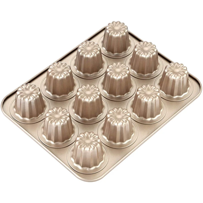 

New-Non-Stick Donut Pan,Canele Molded Cake Pan, 12-Slot Non-Stick Tin Muffin Baking Pan, Oven-Baked Cake Pan (Champagne Gold)