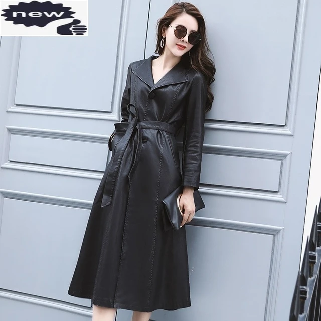 Slim-Fit PU Leather Trench Coat