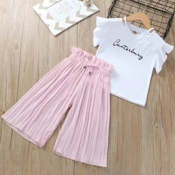 

2019 Summer Girls Clothing Sets Kids T-shirt +Wide Leg Pants Suits Children Short Sleeve Baby Girl Clothes 5 6 7 8 9 10 12 Years