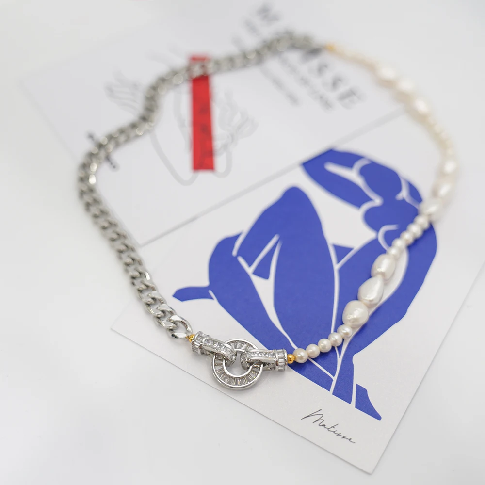 Amorita boutique fashion Natural pearl chain stitching design metal necklace