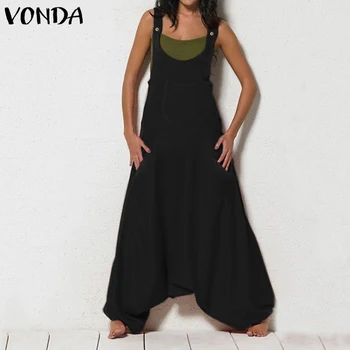 

VONDA Vintage Overalls Women Sleeveless Rompers 2020 Female Wide Leg Jumpsuit Harem Pants Pantalon Femme Plus Size Palysuits