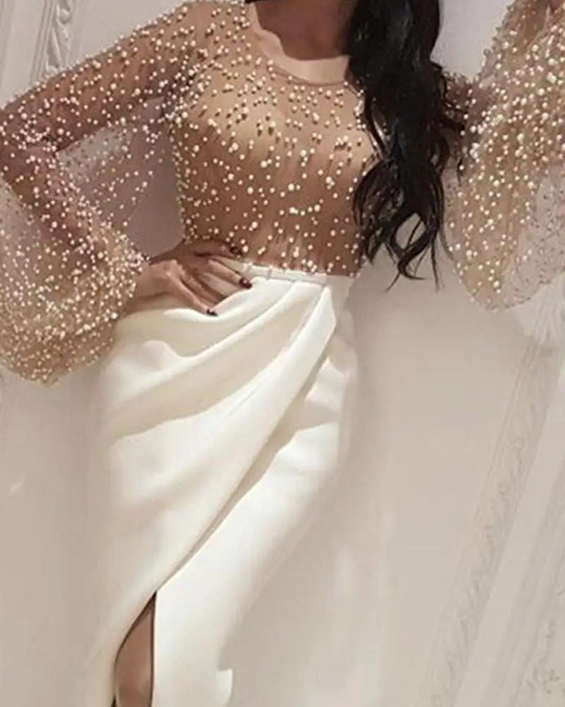 Украшенный бисером Сетчатое лоскутное платье с разрезом женское элегантное торжественное платье Макси женское платье с длинным рукавом-фонариком вечерние платья - Цвет: Белый