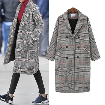 

Winter Fashion Women Check Wool Blends Coat Casual Cotton Long Thick Cardigan Female Cashmere Overcoat Plus Size 5XL