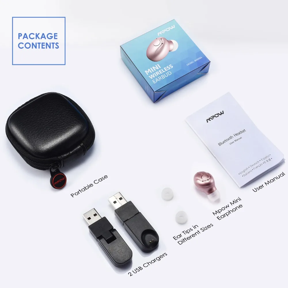 Mpow EM1 мини-наушники-вкладыши Bluetooth 4,1, одиночный беспроводной невидимый наушник, наушники-вкладыши с функцией громкой связи, чехол для переноски