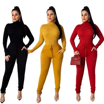 

Autumn Winter Turtleneck Base Suits Women Long Sleeve Rib Knitted Bandage 2 Piece Sets Plus Size Solid Top+Pants Casual Outfits