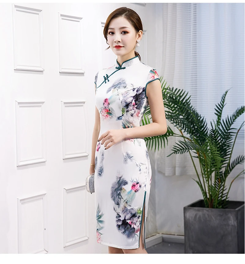 New china style printing mid-length cheongsam fashion silk slim banquet performance dress Slim thin girl daily party cheongsam