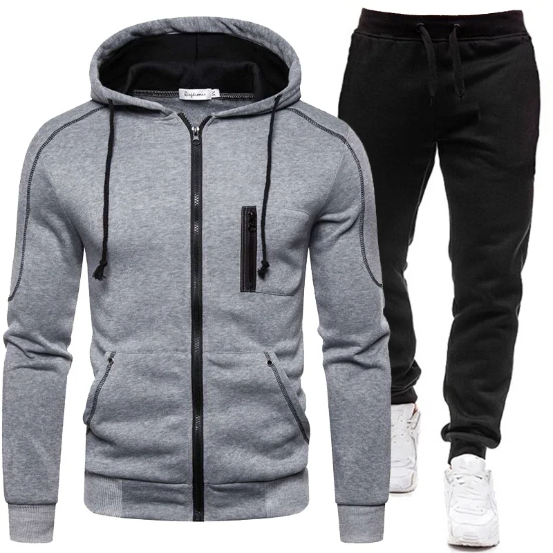 Men Tracksuits Set Pocket Spring Autumn Hoodie Zipper Jogging Trouser Solid Color Fitness Run Suit Casual Clothing Sportswear