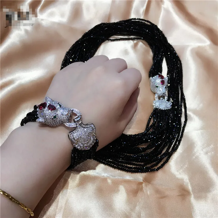 

Women's Leopard head clasp DIY accessory black glass crystal necklace bracelet set welcome custom colors fashion jewelry