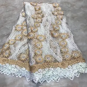 

2020 Newest Styles White And Gold Embroidery African Guipure Lace Fabric High Quality French Mesh lace fabric with beads