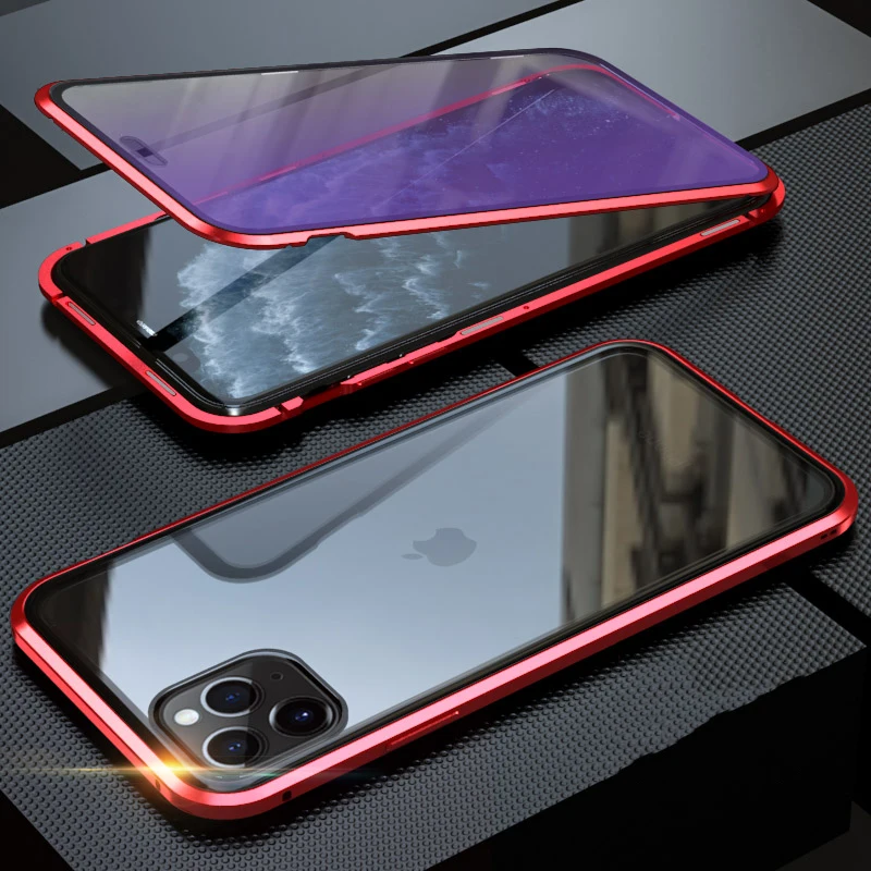 Роскошный противоударный защитный чехол для телефона, чехол для iPhone 11 Pro Max, синее закаленное стекло и Алюминиевый металлический магнитный чехол