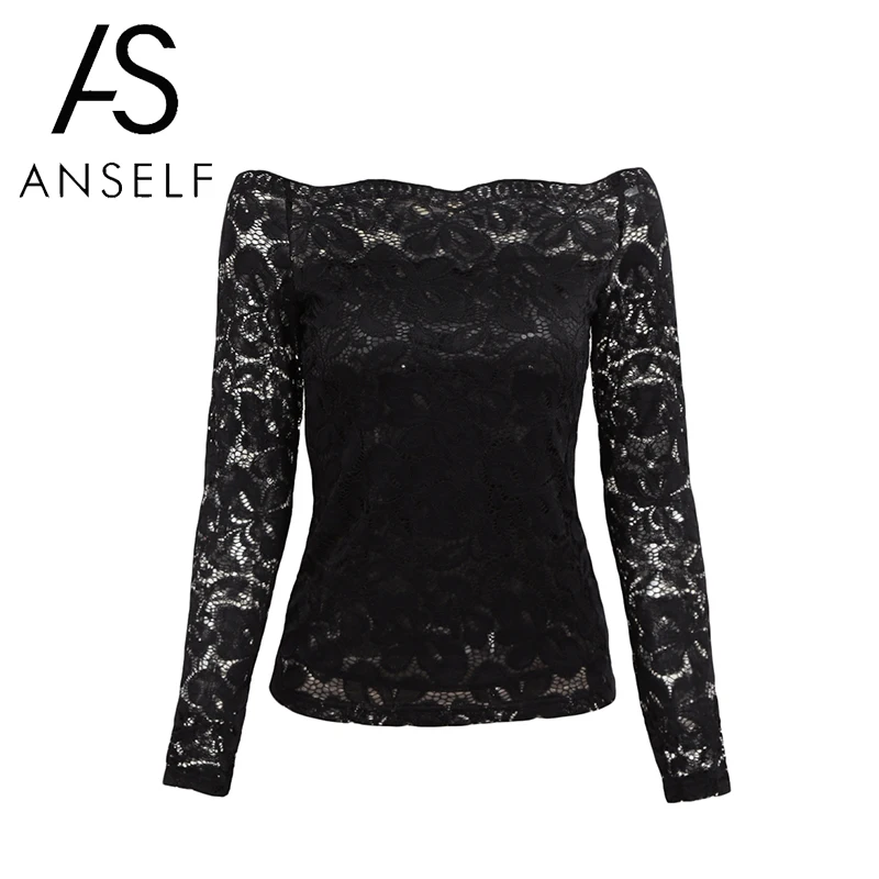 Anself Sexy Plus Size Lace Top Women Hollow Out Off Shoulder Lace Blouse Slash Neck Long Sleeves Elegant Ladies 5XL Shirt Tops