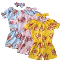 Детский комплект для девочки-малыша; повседневный комбинезон с рюшами и цветочным принтом; пляжный комбинезон с рюшами и принтом; летняя повязка на голову с бантом;