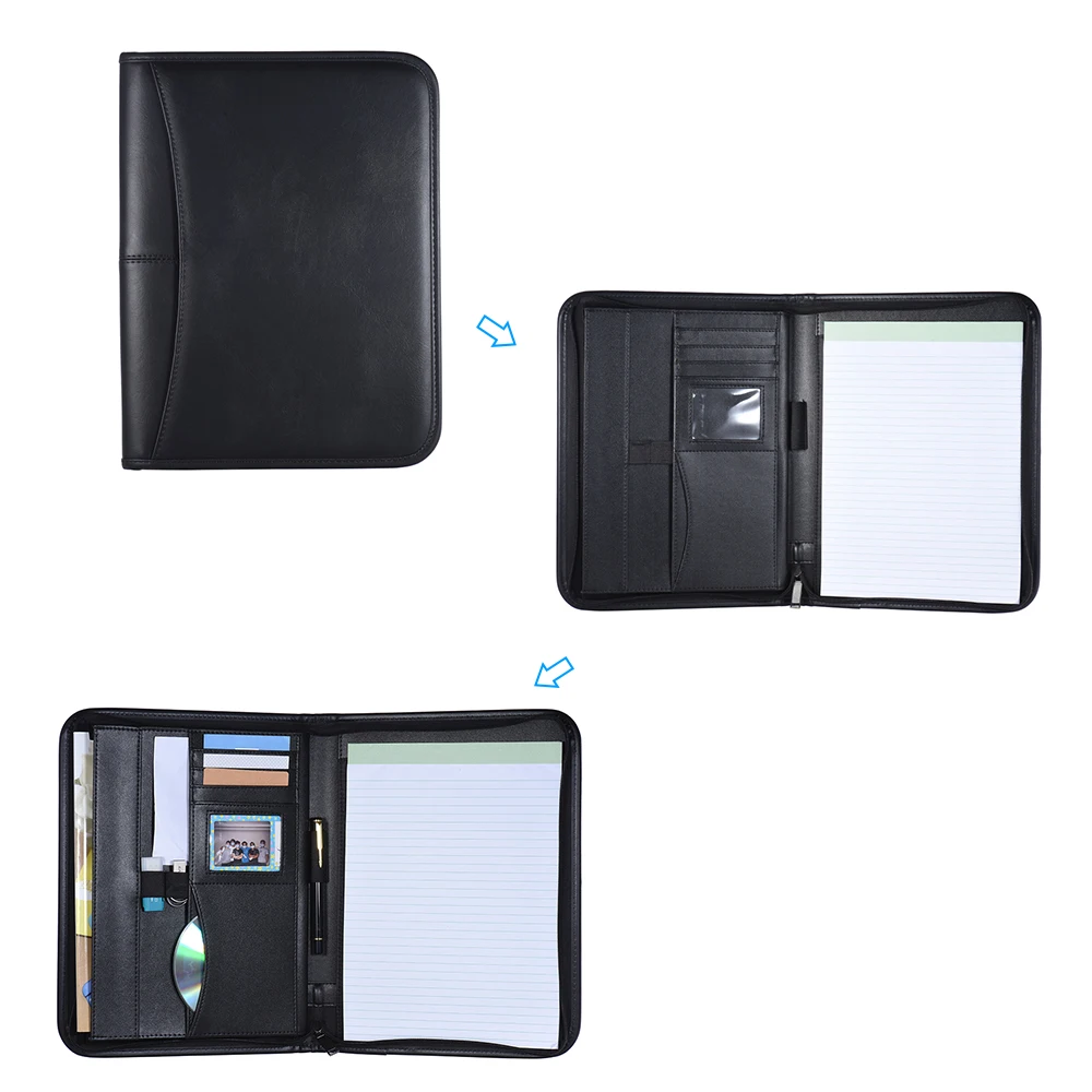 

A4 PU Leather Zippered Closure Multifunctional Padfolio Professional Business Portfolio Folder Document Case Organizer