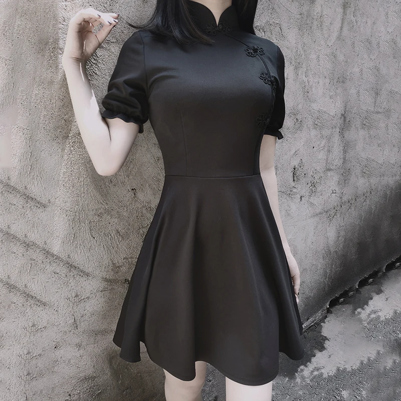 

Gothic Black Vintage Cheongsam Collar Lantern Sleeve Cheongsam Dress 2020 Spring Goth Dark Women Vintage Lolita Party Mini Dress