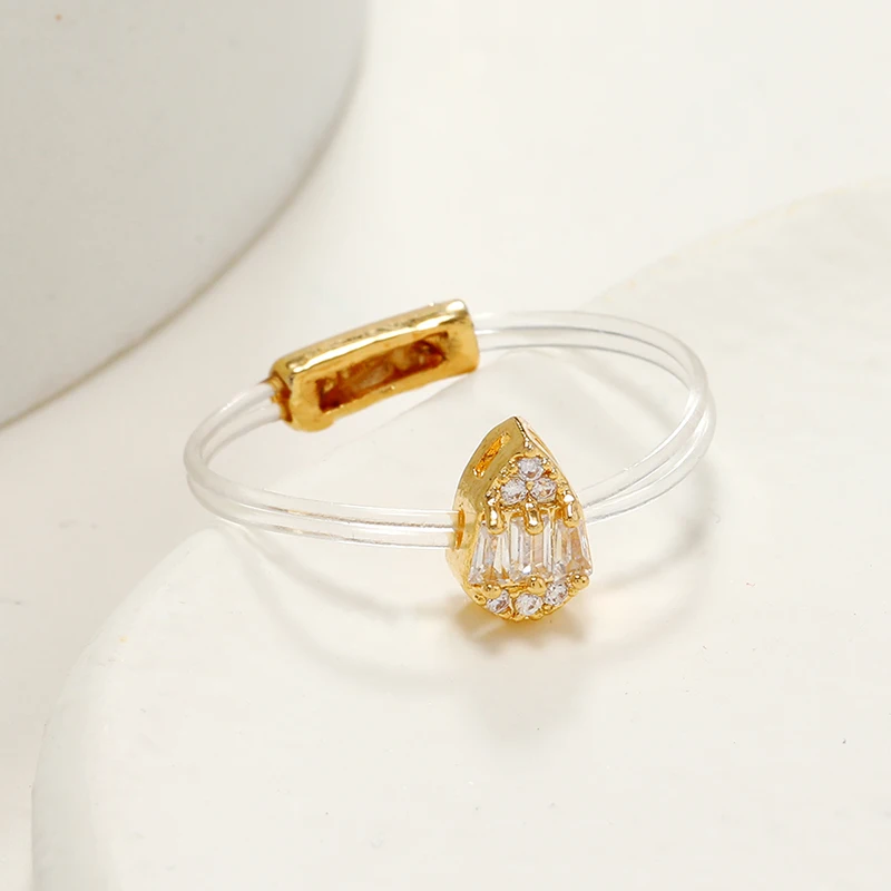 New Sweet Trendy Women's Ring Fashion Invisible Transparent Line Brass Ring Water Drop Zircon Jewelry Accessory For Daily Life 2