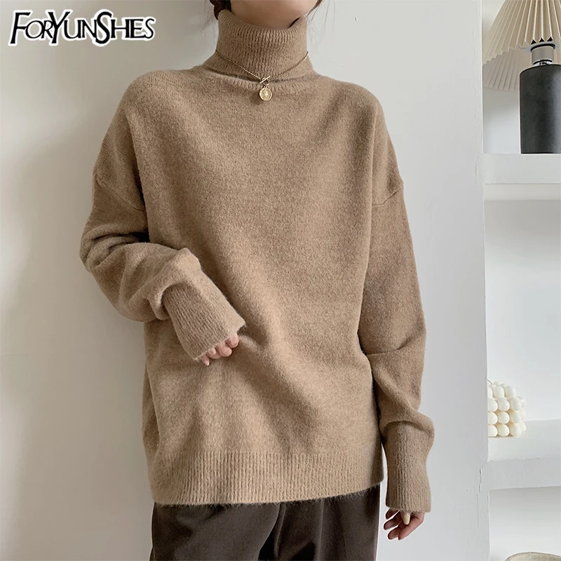 

FORYUNSHES Women Knitted Turtleneck Pullovers Sweater Female Coffee Solid Loose Long Sleeve Basic Tops 2020 Autumn Winter