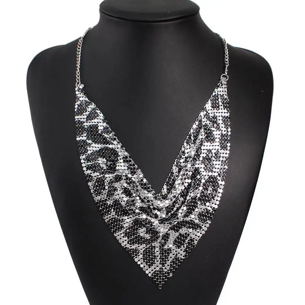 Блестящее металлическое ожерелье-чокер с нагрудником, вечерние, свадебные воротнички, модные индийские аксессуары и украшения UKMOC - Metal Color: Silver Black