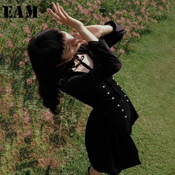 

[EAM] Women Black Velvet Hollow Out Temperament Dress New Stand Collar Long Sleeve Loose Fit Fashion Spring Autumn 2020 1N525