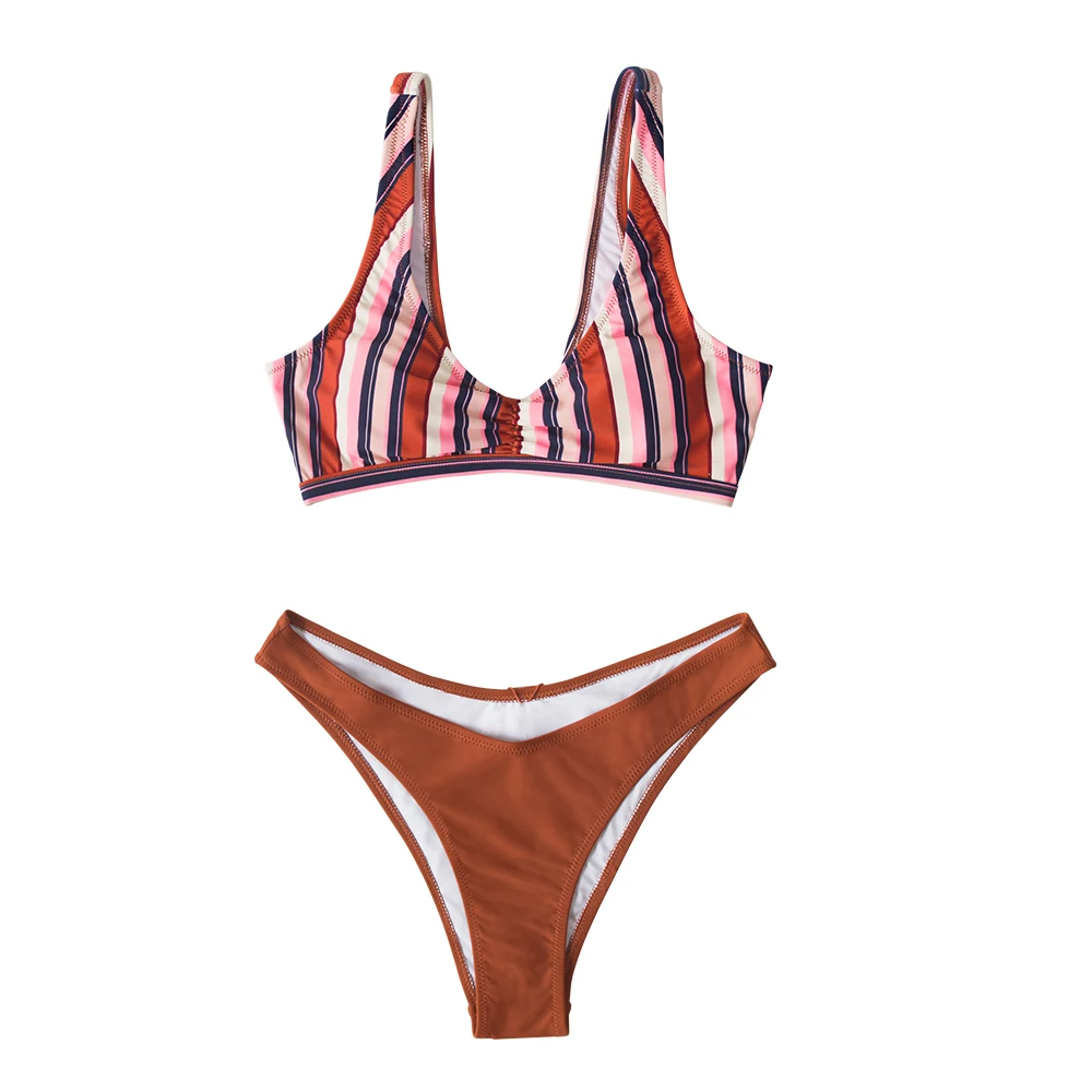 SEASELFIE Sexy Brown Stripe Shirring Bikinis Set Swimwear 2020 Women Swimsuits Bathing Suit Tank Top Low-waist Biquini Beachwear