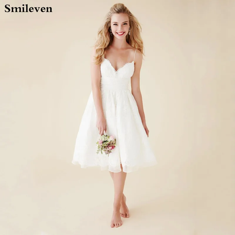 Smileven/пляжное свадебное платье длиной до колена; кружевное платье для невесты в стиле бохо; пикантные платья на бретельках с v-образным вырезом; уникальные платья для свадебной вечеринки
