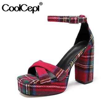 

CoolCept New Fashion Shoes Sandals Open Toe Thick High Heels Plaid Mixed Color Sandals Buckle Strap Female Footwear Size 34-39