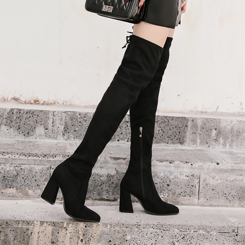 

2019 Women Fashion Over The Knee Winter Boots Female Long Suede Plush Square 8cm Heels Boots Lady Luxury Knee High Chunky Shoes