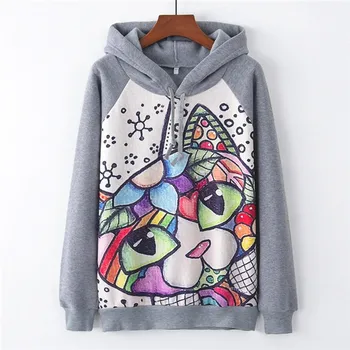 

Coat womens sweatshirt худи hoodies толстовки sports Fashion Casual Loose O-Neck Multicolor Cat Print Hooded Printed Pullover h4