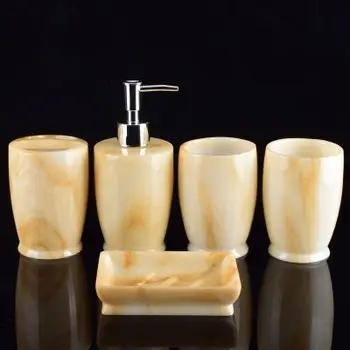 

Imitation jade marble, resin set of 5 bathroom accessories Soap Dispenser toothbrush holder soap dish cup Bathroom Supplies Kit