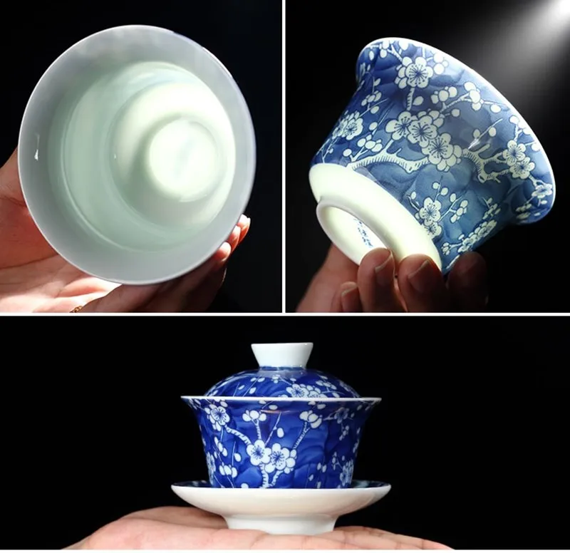 Винтажная фарфоровая чайная чаша Gaiwan с цветами голубой и белой сливы, кофейная чаша, посуда для напитков, черный чай, кофе