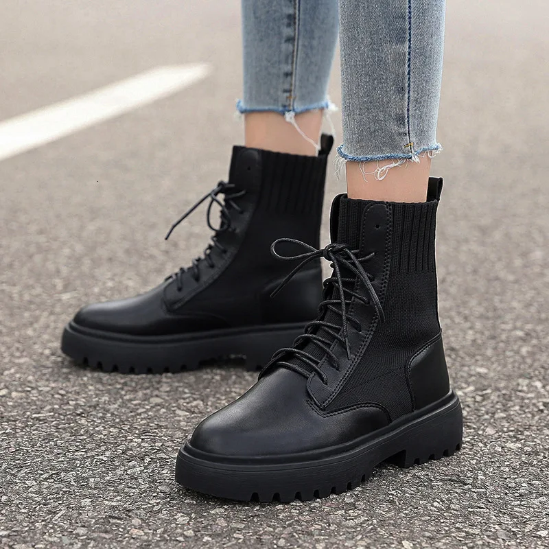 

2019 Women Flat Platform Ankle Boots Spring Boot Black Lace Up Black Medium Creepers Shoes Fashion Party Footwear