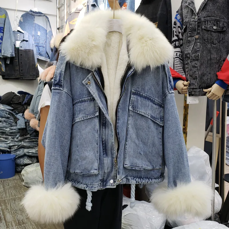 Blue White Hair Меховая зимняя куртка женская джинсовая куртка из натурального Лисьего меха с подкладкой из кроличьего меха плюс размер Толстая теплая парка женские джинсы Повседневная Верхняя одежда HHPC31 - Цвет: Blue White Hair