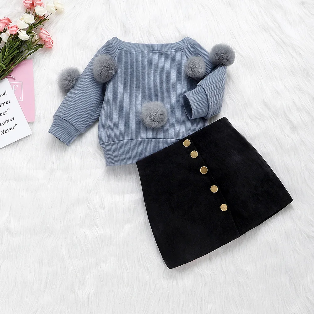 

6 Years Girls Clothes Winter Set 2Pcs Pompon Long Sleeve Gray Tops+Black mini skirt 2020 Fashion Kids Clothes For Girls D30
