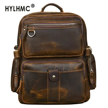 

Genuine Leather Men's Backpack Wide Shoulder Strap 17" Laptop Bag Travel Backpacks Large Capacity Schoolbag Multi-pocket Cowhide